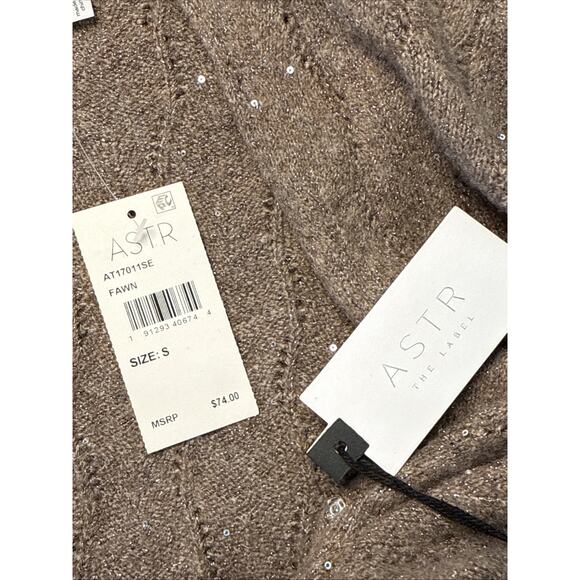 NWT ASTR The Label Metallic Sequin Surplice Cable Stitch Sweater Fawn Women's SM - Picture 4 of 5